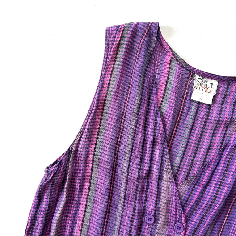 Lipstick Vintage Retro Purple Plaid V-Neck Rayon Sleeveless Dress - Picture 2 of 7